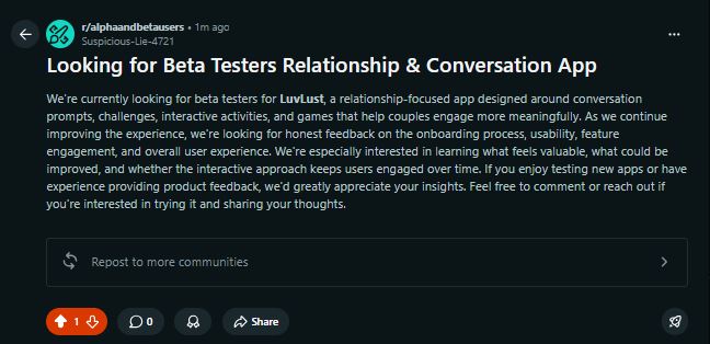 Reddit r/alphaandbetausers post for beta testers